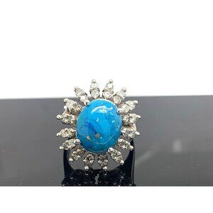 Turquoise Diamond Cocktail Ring 10k White Gold Estate Jewelry Women's Size 6